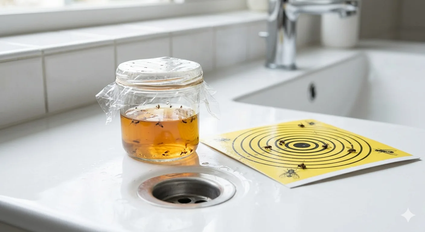 DIY drain fly trap setup near a bathroom sink drain