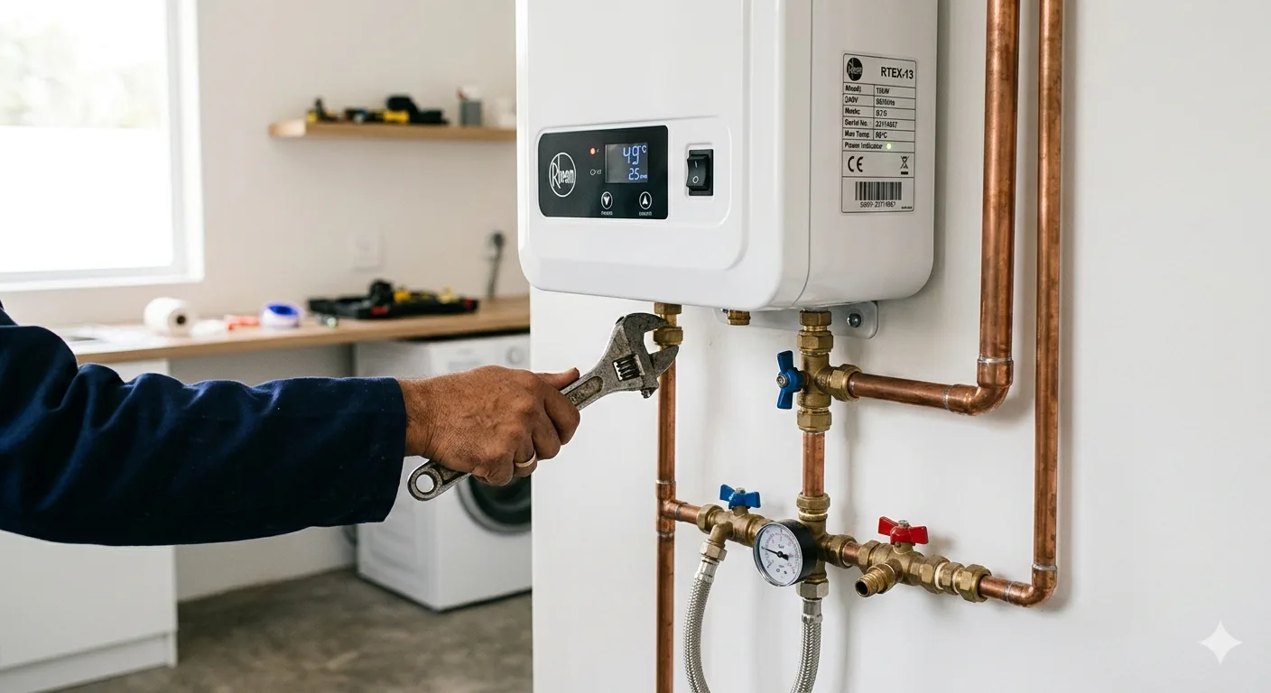 Technician performing annual maintenance on a tankless water heater